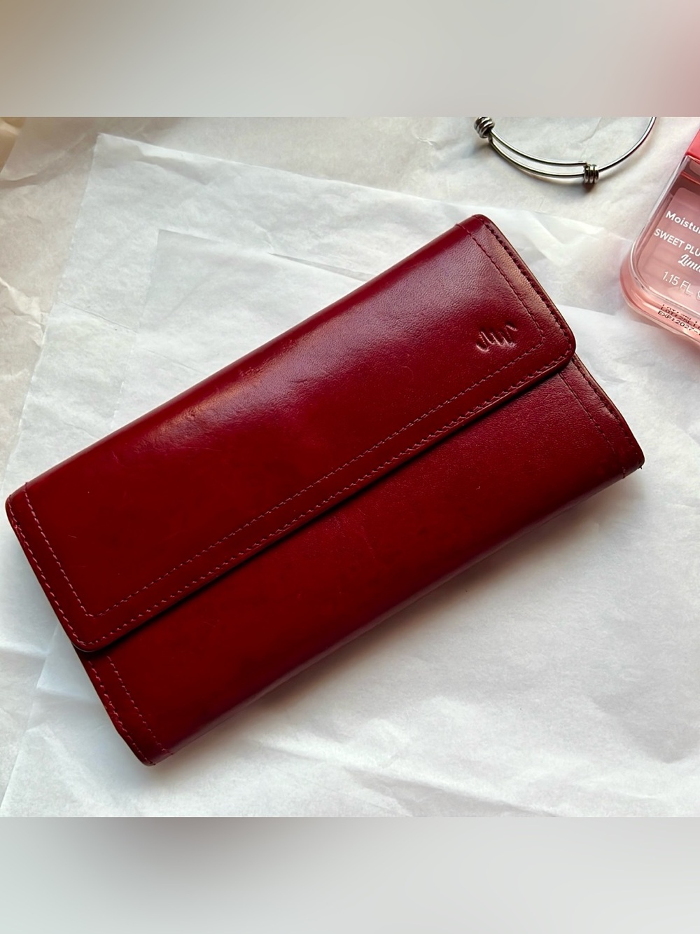 MONSAC Women’s Red Burgundy Leather Trifold with Inserts Long Wallet